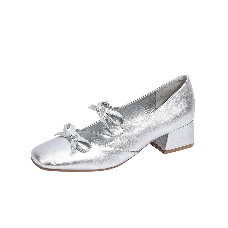 Sea salt Mary Jane shoes spring and autumn new bow middle heel women's shoes French thick heel ballet silver single shoes women