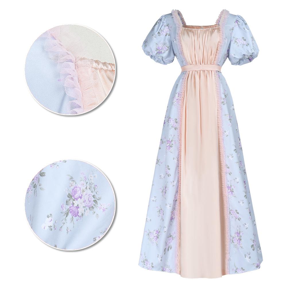 Vintage Regency Floral Tea Gown, Puff Sleeve Empire Waist Victorian Dress for Women, Ideal for Bridgerton Cosplay, Tea Parties and Halloween