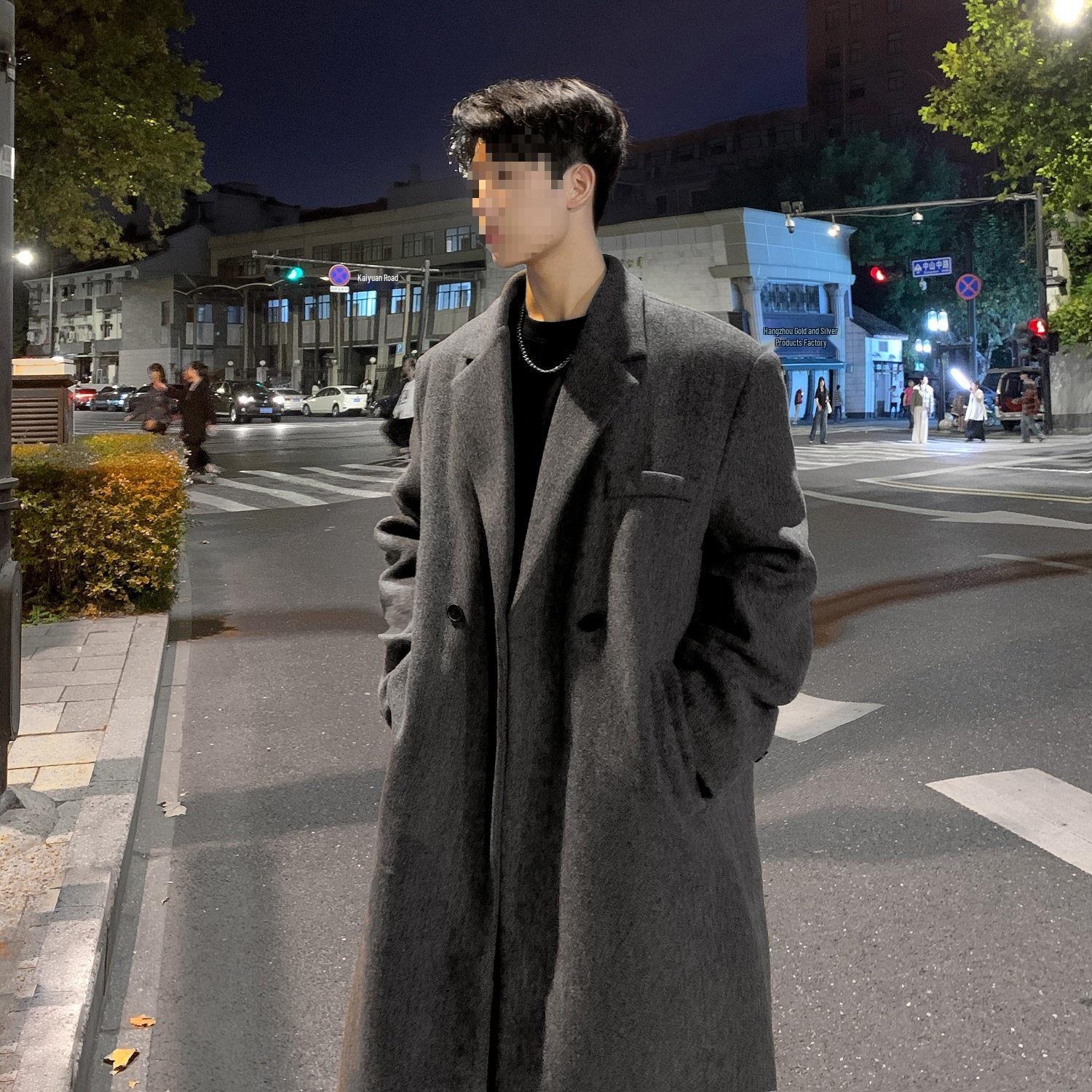 Мужской серый шерстяной тренч: Средняя длина, Утолщенный, Свободный крой, Корейский стиль Large темно серый