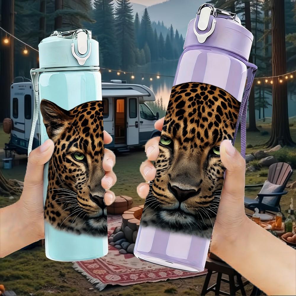 1PC Leopard Wild Animal Portrait Print 750ml Color Plastic Sports Water Bottle Leakproof Flip Straw Lid Suitable for Sports Office Home Use