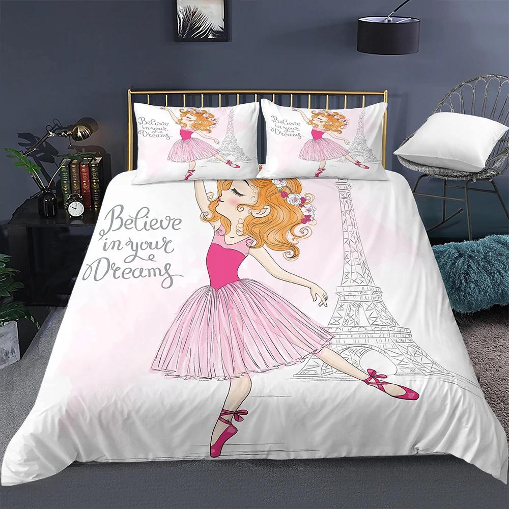 Carino Set Biancheria da Letto Principessa Ballerina Bambine Bambini 3 Pezzi Copripiumino Rosa Regalo di Compleanno per Bambine Decorazione Camera da Letto Misura Queen