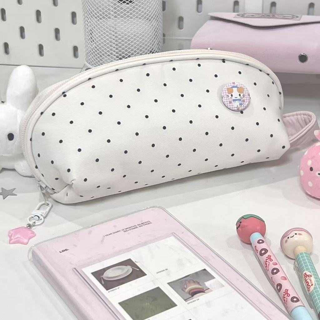 Polka Dot Shell Pencil Case Made Of Polyester For Girls And Office Supplies Storage
