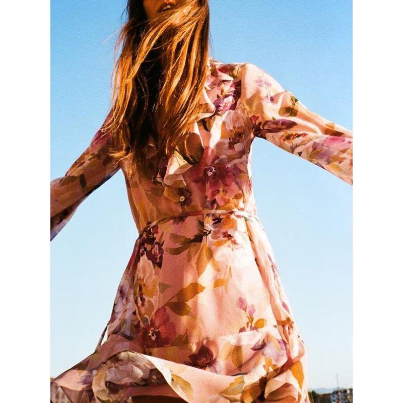 Za2025 Spring New Women's Clothing Temperament Wild Flowers Print Laminated Decoration Mini Dress 2503131