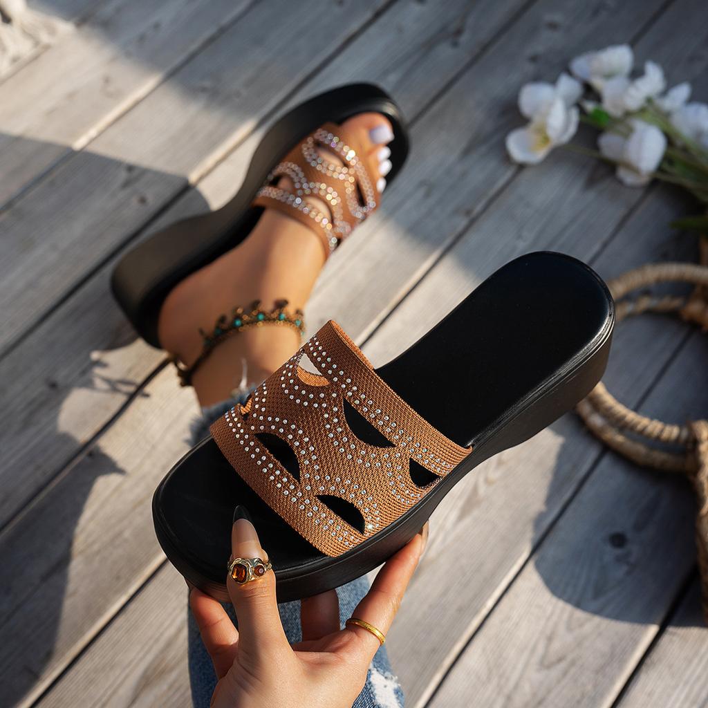 Fashion Summer Wedge Heightening Women Slippers Casual Fish Mouth Beach Slipper Outside Wear Fashion Leisure Rhinestone Sandal Slides