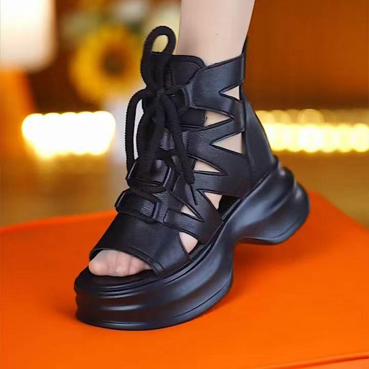 

Wind sandals women s retro platform sandals lace-up fashion hollow sandals new breathable soft-soled casual sandals 35 чёрный