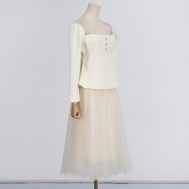 Niche Design Temperament Sloping Shoulders Waist Top With Lace Mesh Skirt Suit Women