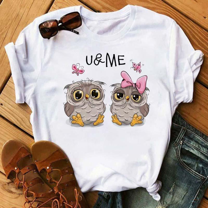 Maycaur Cartoon Owl Print T Shirt Women Kawaii Graphic Shirts Casual Short Sleeved Black Female Tee O-neck Harajuku T-shirts