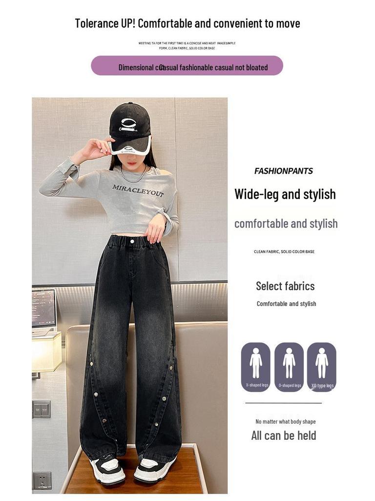 Girls' Wide-Leg Denim Pants, Loose Fit Casual Trousers for Spring and Autumn 2025