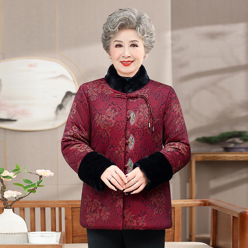 

Warm Velvet-Lined Chinese Style Cotton Jacket for Women - Cozy Winter Coat for Mothers and Elderly 4XL (135-150 jin) красный