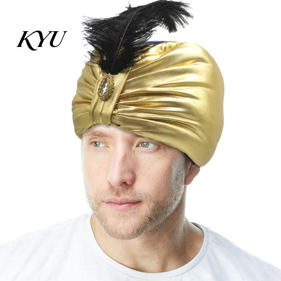 Gold Satin Carnival Headpiece Unisex Arab India Turban Hat, Golden Sultan Hat with Gem And Versatile Role Play Headgear Feather, Novelty Easter