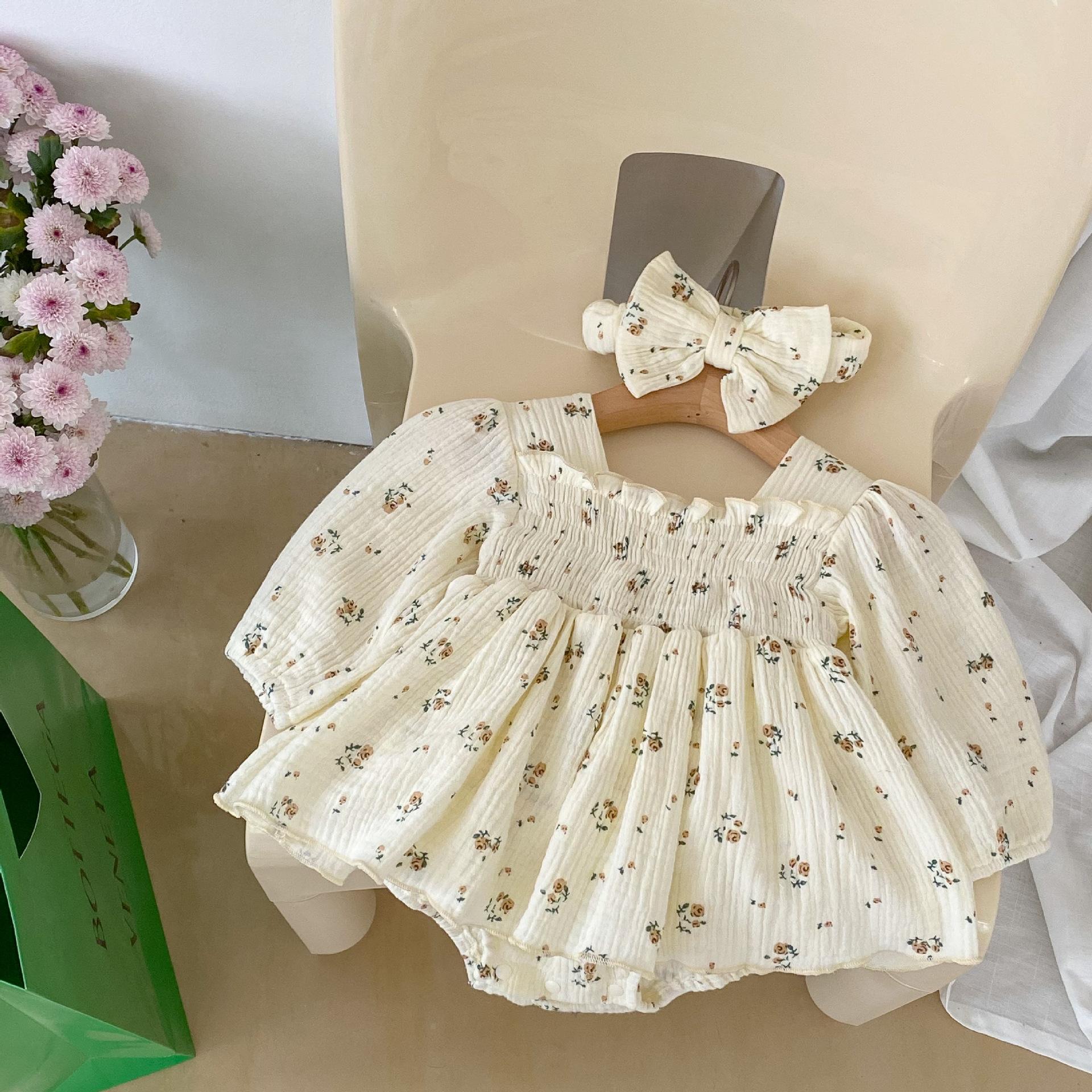 Double Layer Gauze Baby Girl Romper with Floral Print Princess Crawl Suit 66