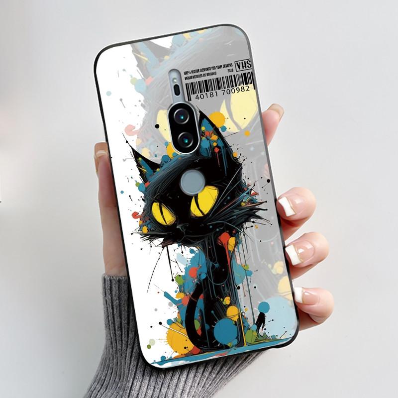 Per Sony Xperia XZ2 Premium SOV38 H8166 H8116 Custodia per Telefono Estetica Moda Gatto Carino Cartone Animato Nero Tocco Morbido Posteriore Cover in Silicone