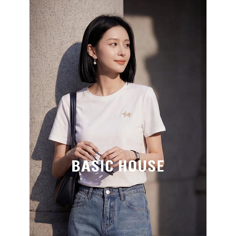 Basic House Women s White Cotton Embroidered Short-Sleeve T-Shirt M