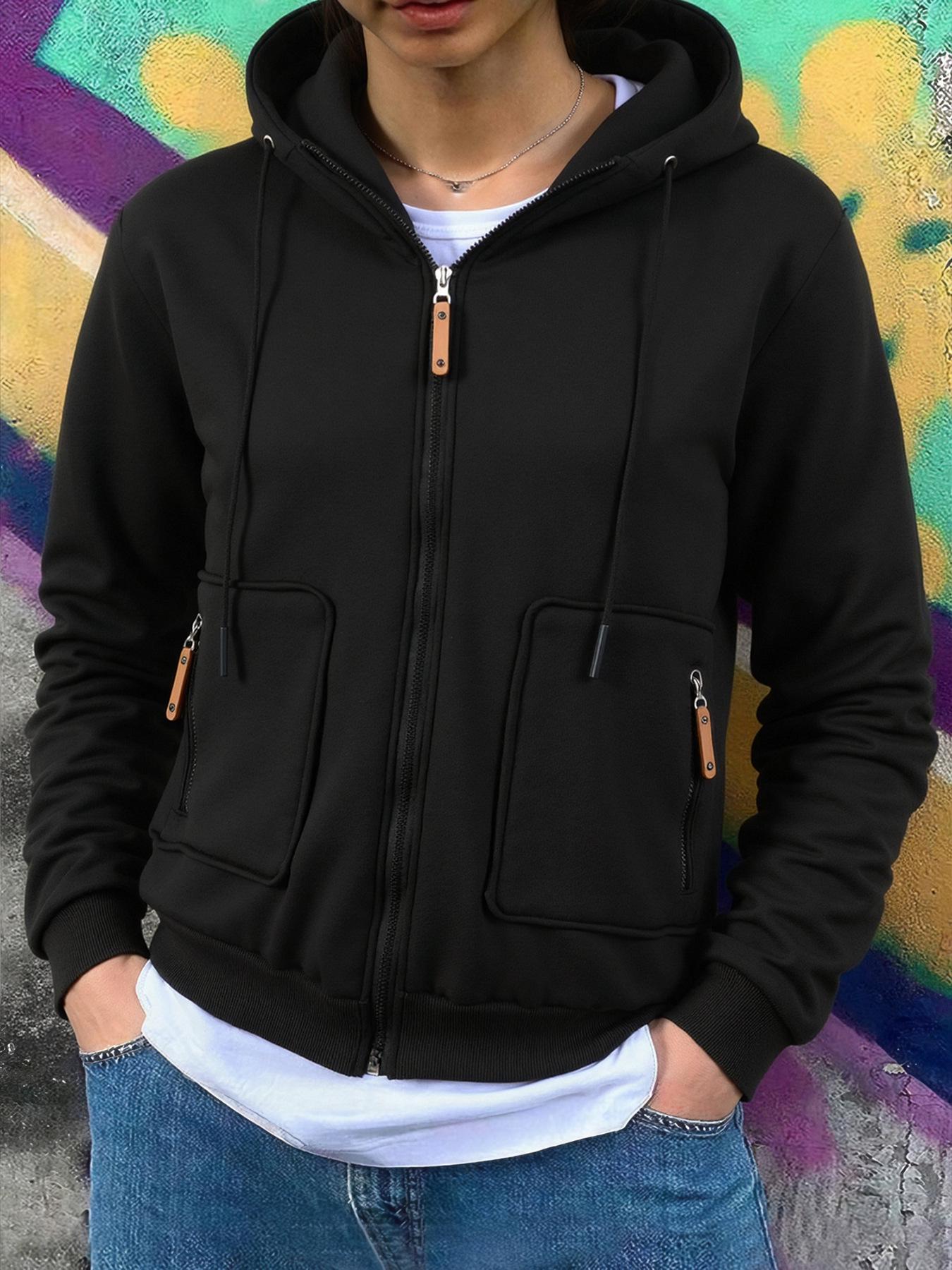 Men s Stylish Velvet-Lined Zipper Hoodie - Autumn/Winter Casual Top with Pockets Medium (M) чёрный
