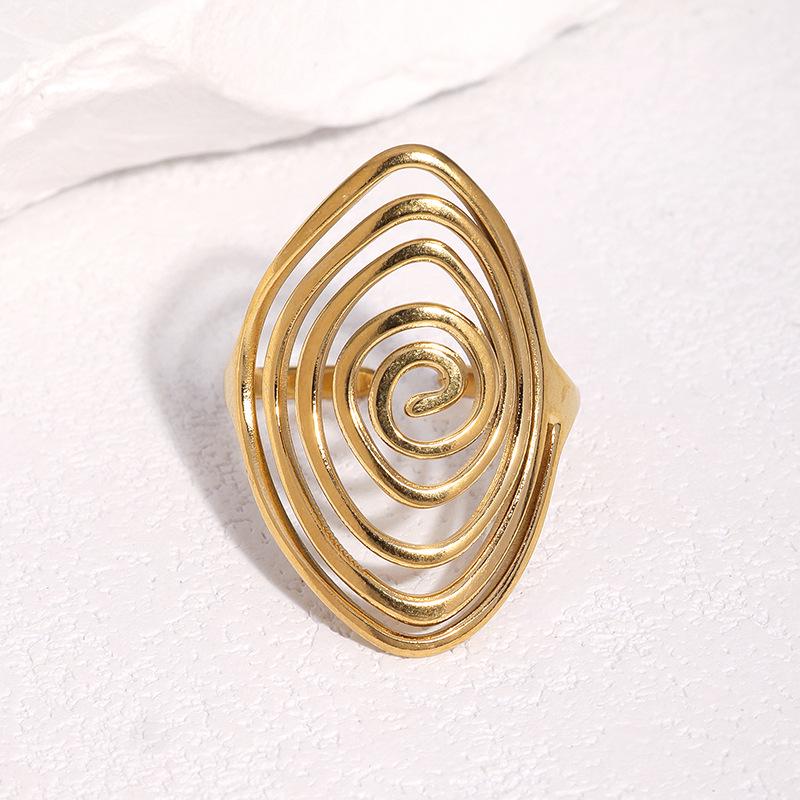 Stainless Steel Gold-Plated Geometric Spiral Open Ring - Non-Fading, Simple Titanium Steel Design.