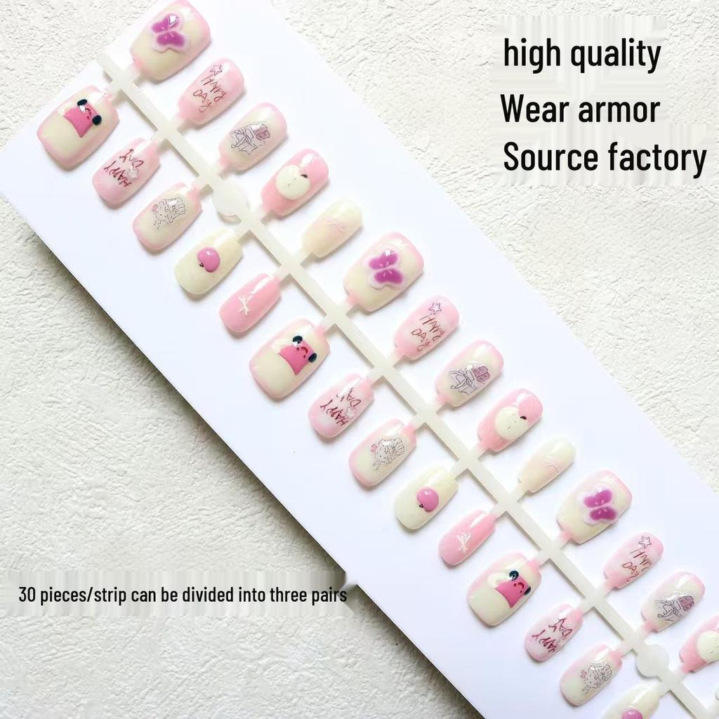 Sweet Pink Wearable Nails - Stereoscopic Ins Style with Fresh White Enhancements