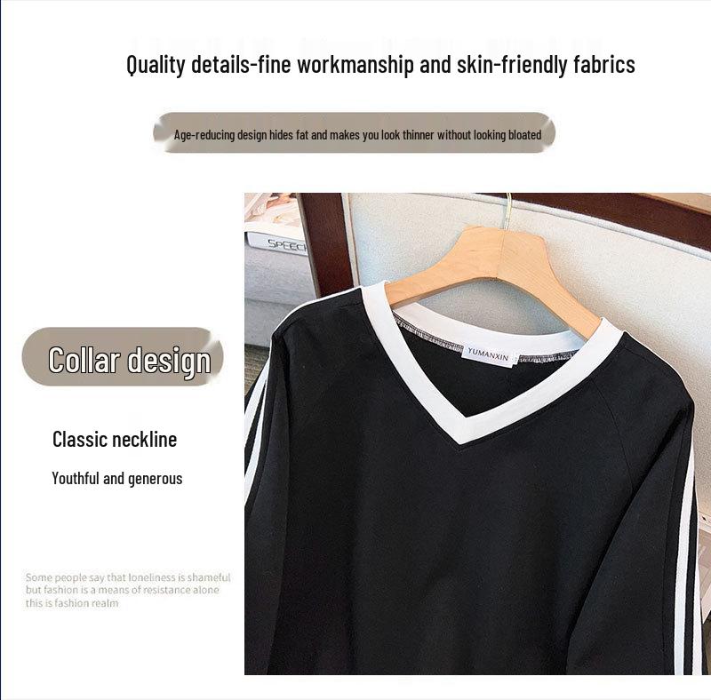 Plus Size Women's V-Neck Sweatshirt: Loose Fit, Slimming, Bust 150-160 Cm, Fits 200-350 Jin