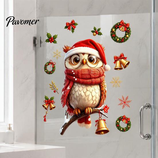 Reusable Christmas Decor Cute Owl Static Window Clings, Santa Hat Scarf Wreath Bell Snowflake Festive Holiday Home Decals, No-Adhesive Glass Stickers