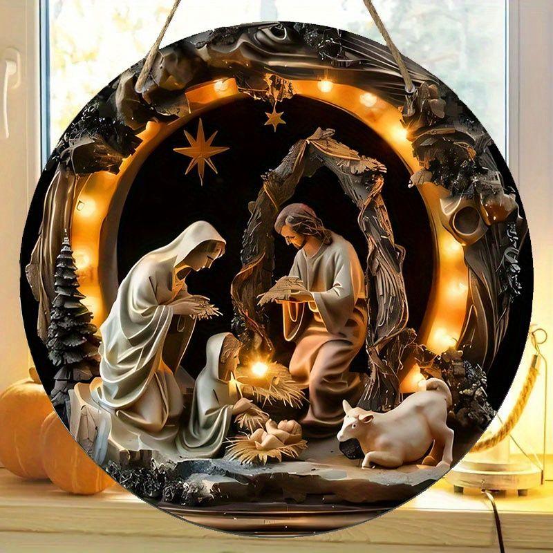 Nativity Scene Christmas Round Wooden Hanging Sign, 2D Flat Wooden Religious Wall Decor, Birth of Jesus Home Ornament