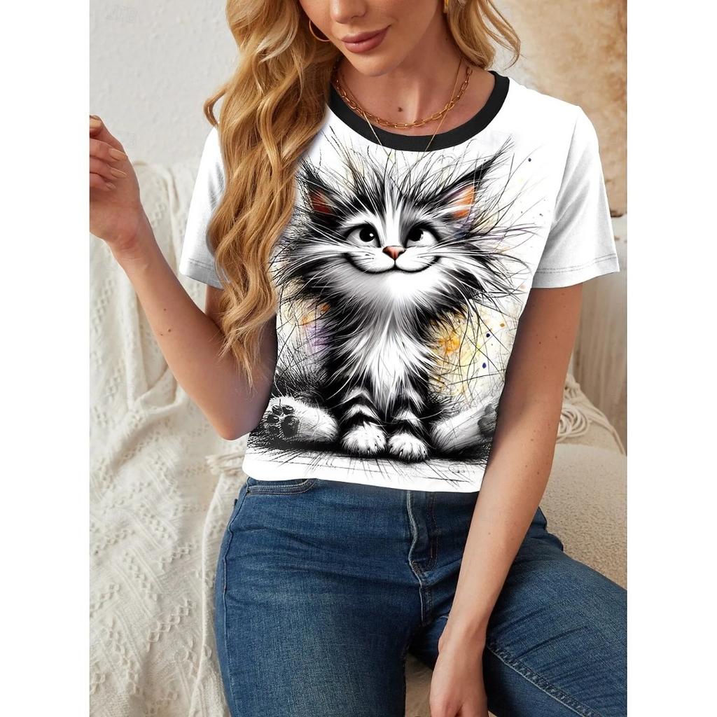 Funny Animal Cat 3D Print T-Shirts Casual Streetwear Short Sleeve Round Neck Women's T-shirts