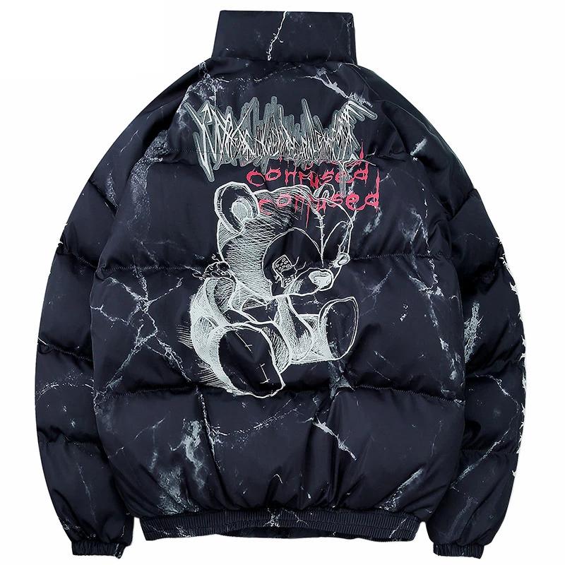 Hipster Winter Jacket Men Cartoon Bear Print Parka Men Hip Hop Streetwear Winter Thick Warm Jackets Coats Men Oversize M-XL