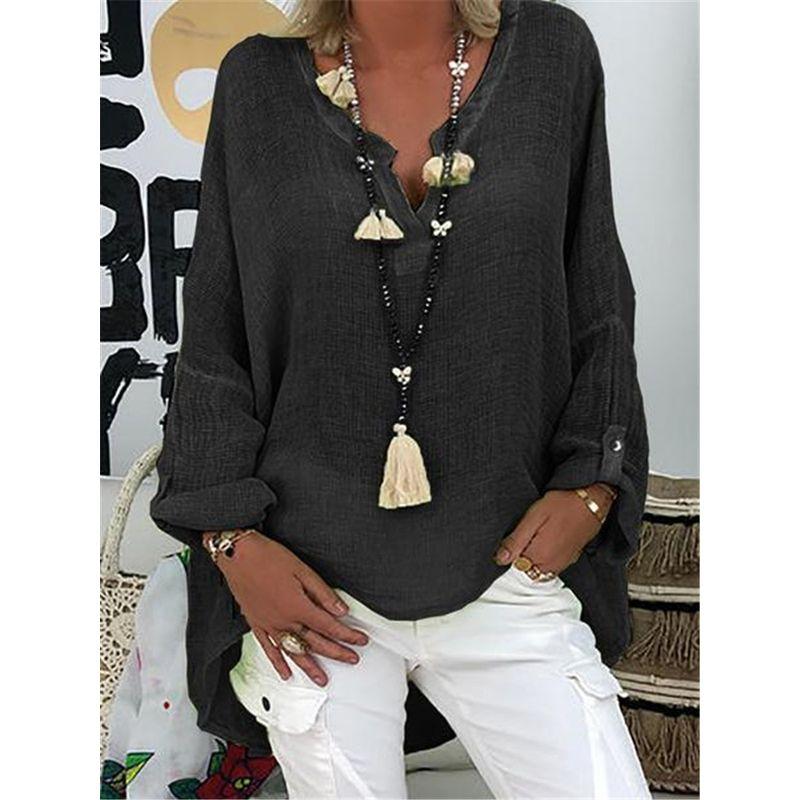 

Solid Color V-neck Long Sleeved T-shirt Solid Color and V-neck Long Sleeves Loose T-shirt Black XXL