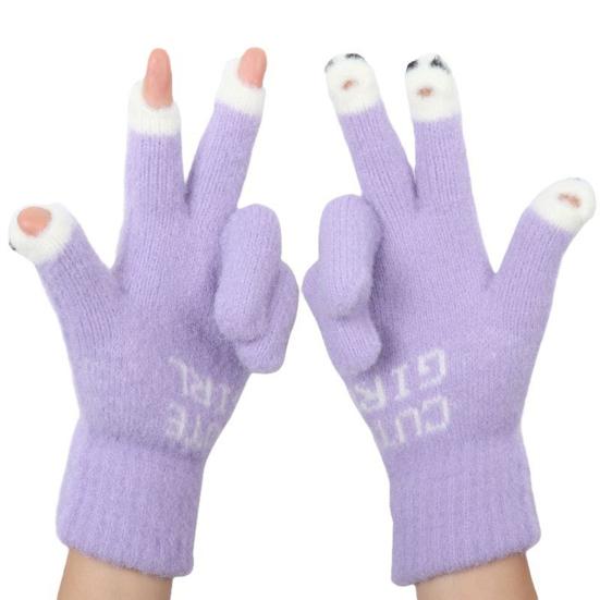 1 Pair Warm Plush Gloves Cutout Finger Tips Thick Plush Funny Cartoon Face Knitted Soft Elastic Anti-slip Warm Touch Screen Cycling Gloves