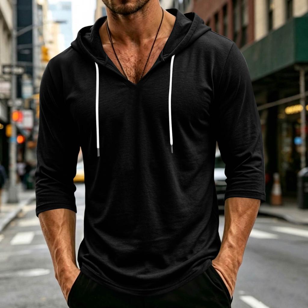 Men's Loose Fit Casual Hoodie Lightweight Pullover with 3/4 Sleeve Drawstring Hooded Shirt for Everyday Wear