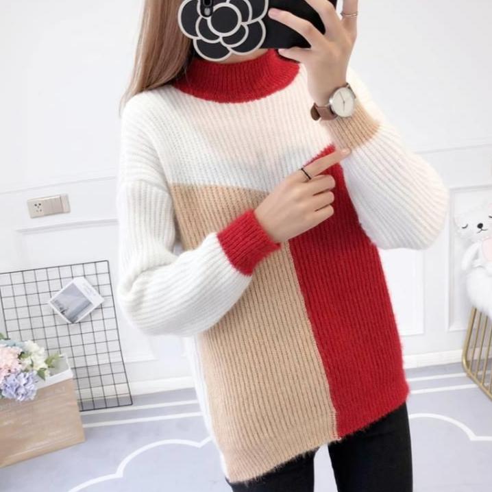 Fall/Winter Women's Color-Blocked Sweaters Loose Pullover Knitwear Half-Turtleneck Stretch Knit Sweater Jumper