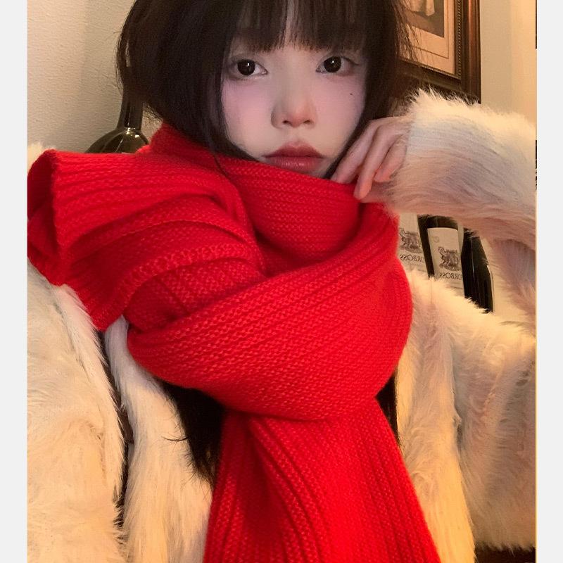 New Year's Eve Red Knitted Wool Scarf Women's Winter Korean Version Versatile Atmosphere Student Warm Scarf Thickened