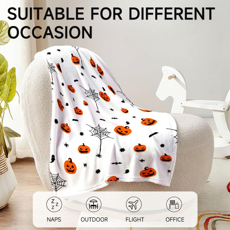 1 piece Halloween-themed flannel blanket with pumpkins and spiders, perfect for sofa, bed, or office. Ideal gift for family, fri