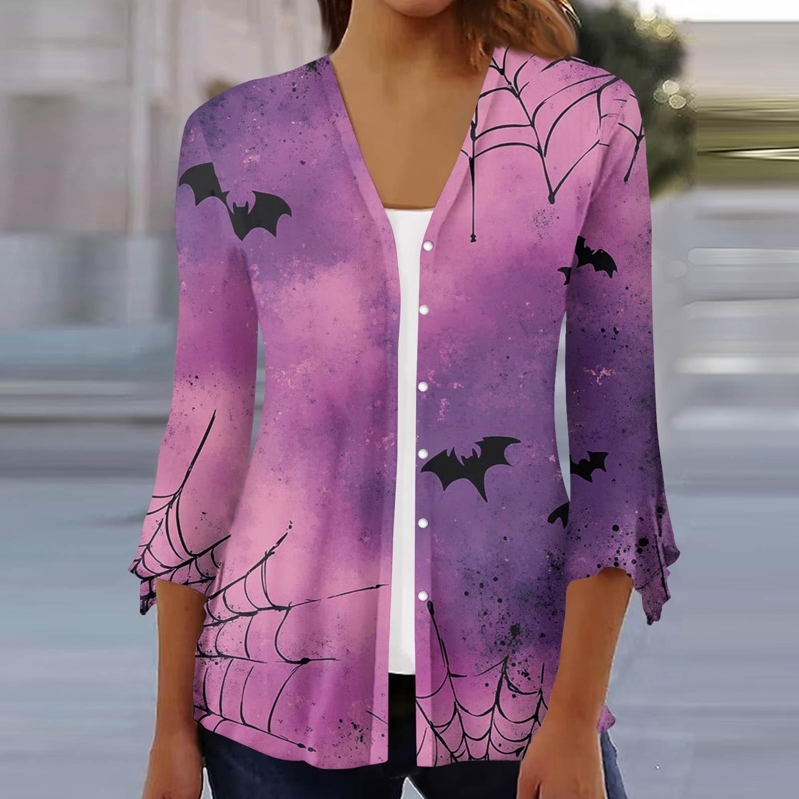 

Женский свободный повседневный кардиган-топ с принтом и рукавами семь восьмых на пуговицах S фиолетовый