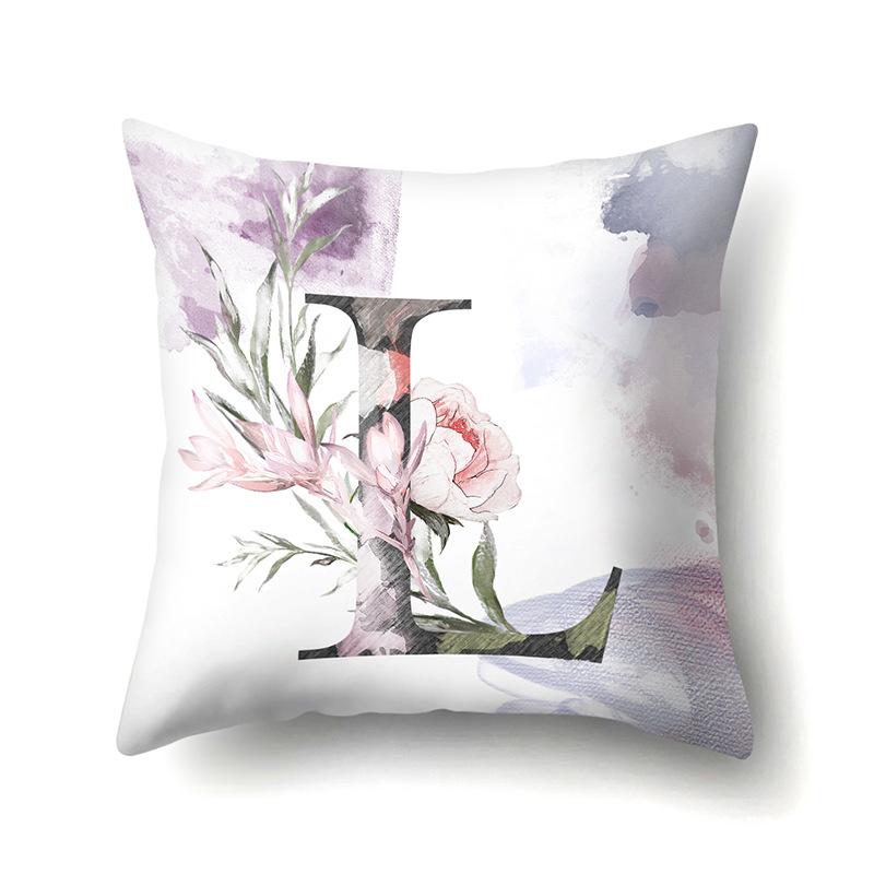 Polyester Pillowcase Home Watercolor Flower Print Pillowcase 26 English Letters Bedside Cushion Cover