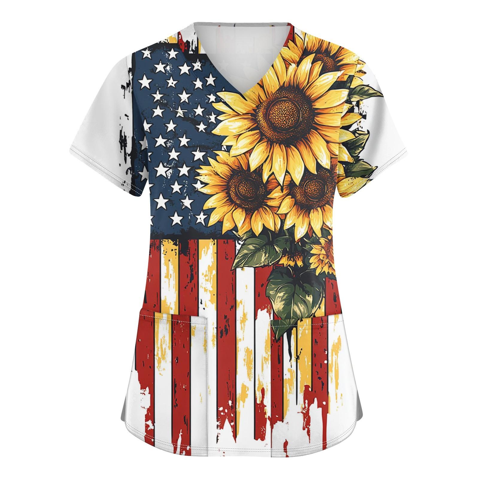 

Женская мода V-образный вырез короткий рукав рабочая одежда с карманами День независимости принтованные топы XL жёлтый