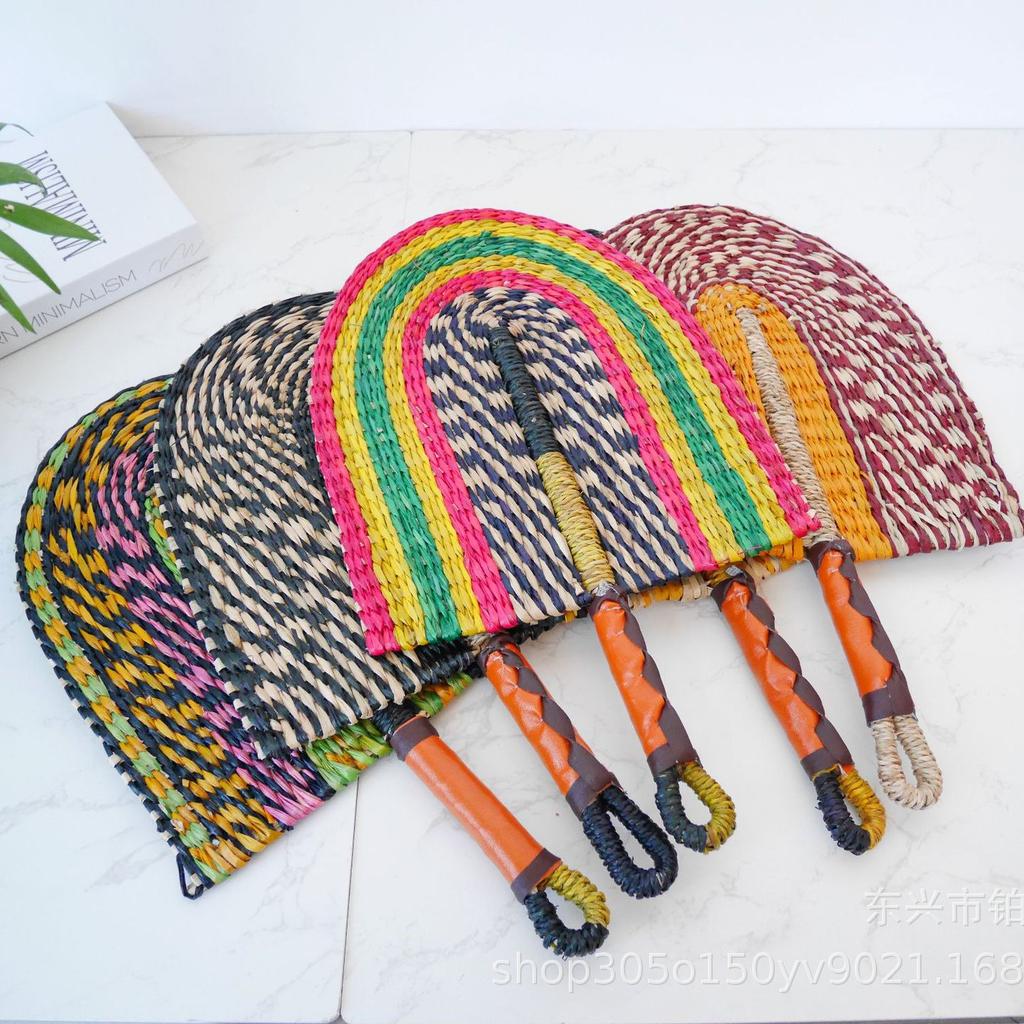Seagrass Woven Straw Fan Wall Hanging Simple Elements Colored Wall Decoration Daily Summer Hand Crank Fan