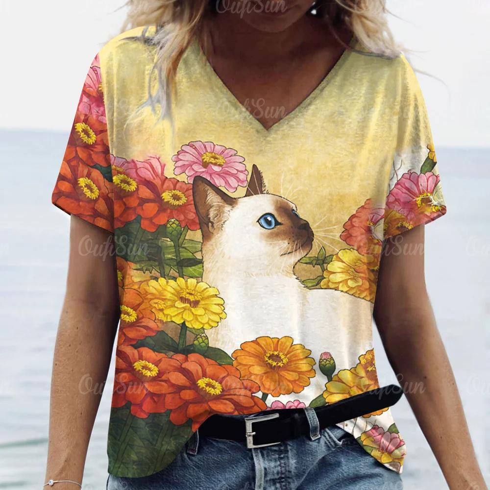 

Summer Women Fashion T-shirt Cartoon Starry Sky Cat V-Neck Tops Tees Female Casual Short Sleeve Clothing Ladies Vintage Outfit 3XL