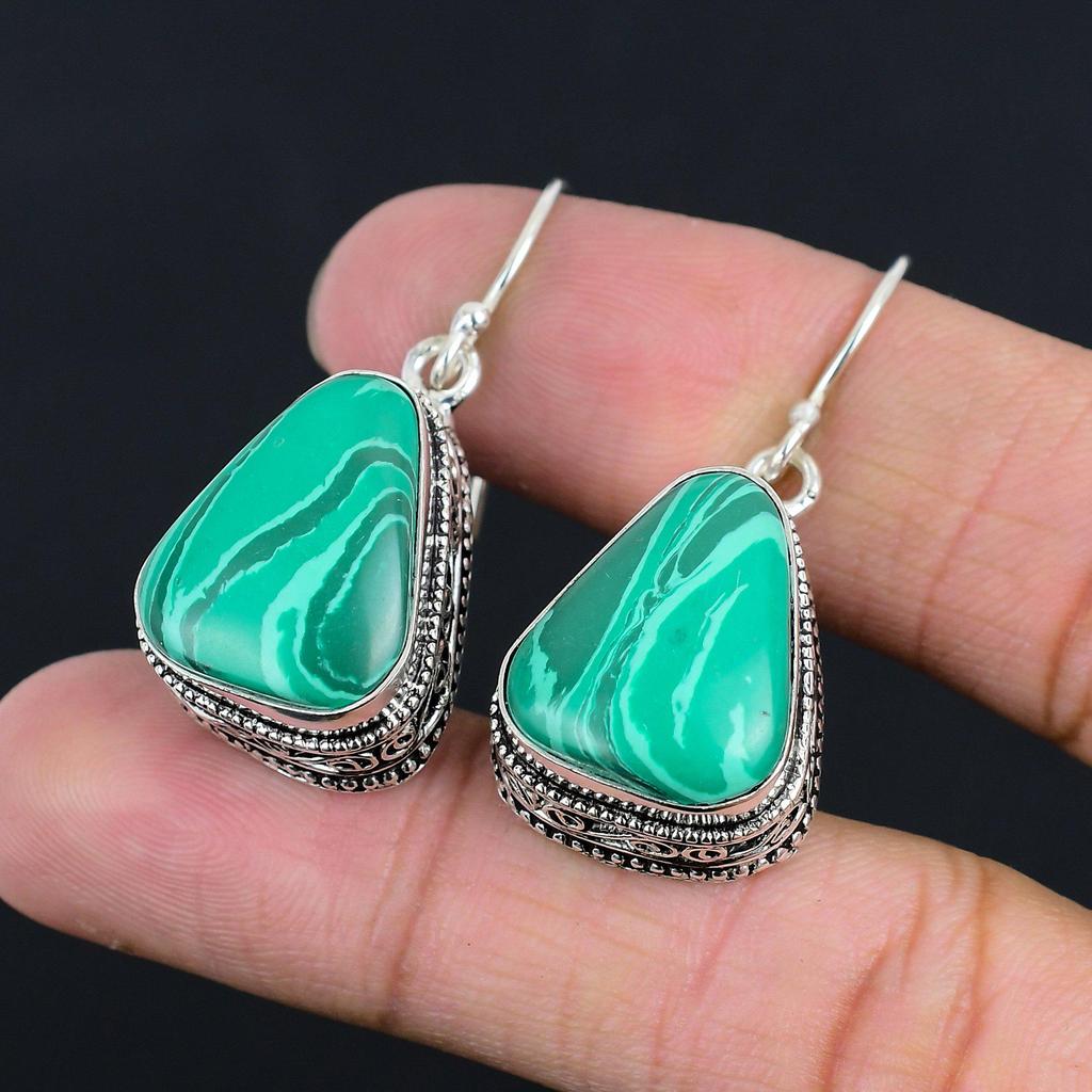 Malachite Stone Dangle Drop Unique New Vintage Heart Chakra Earrings 925 Silver