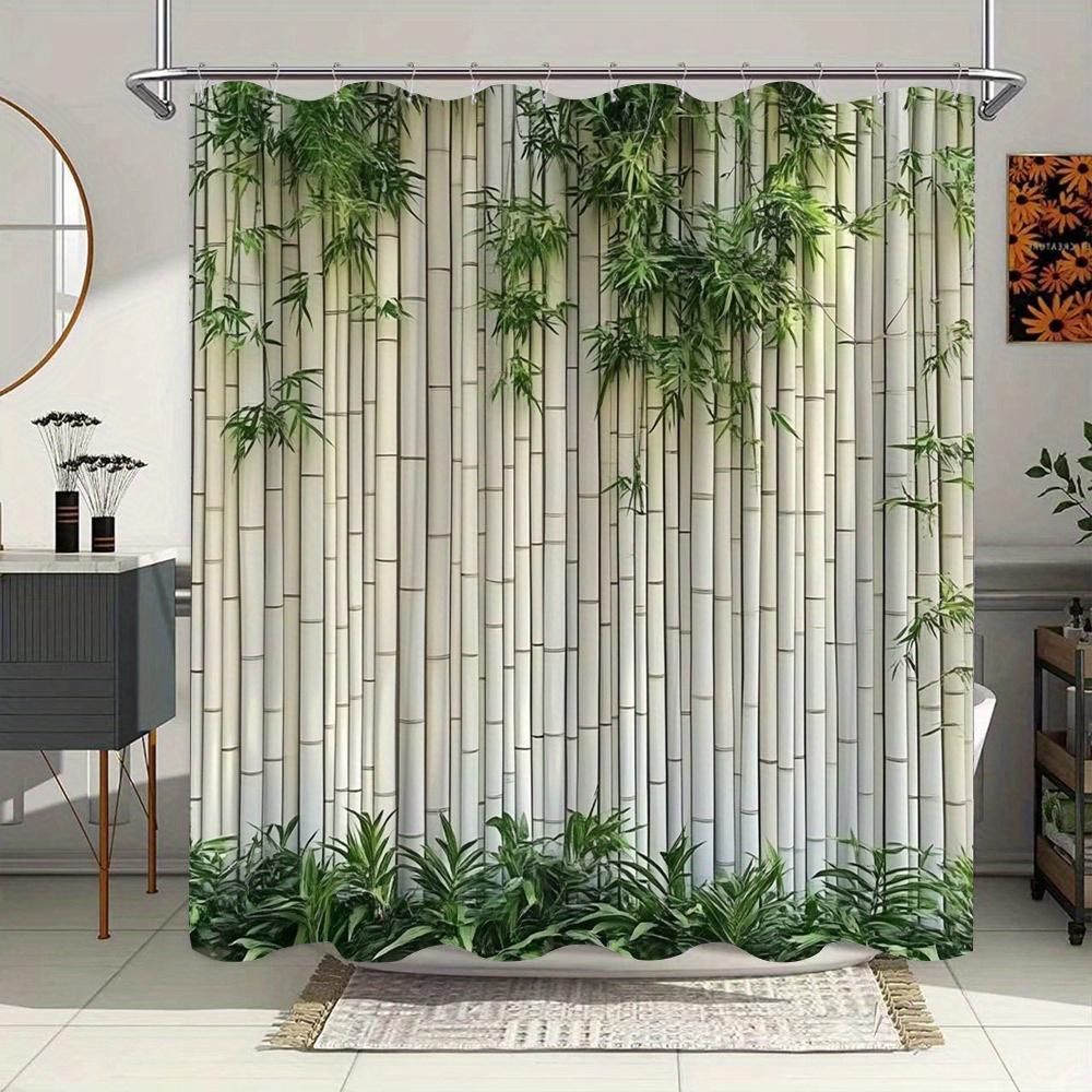 

Modern Bamboo Shower Curtain - White Slats & Green Plants Pattern, Textured Landscape Design, Water-Resistant Polyester W90xH180cm
