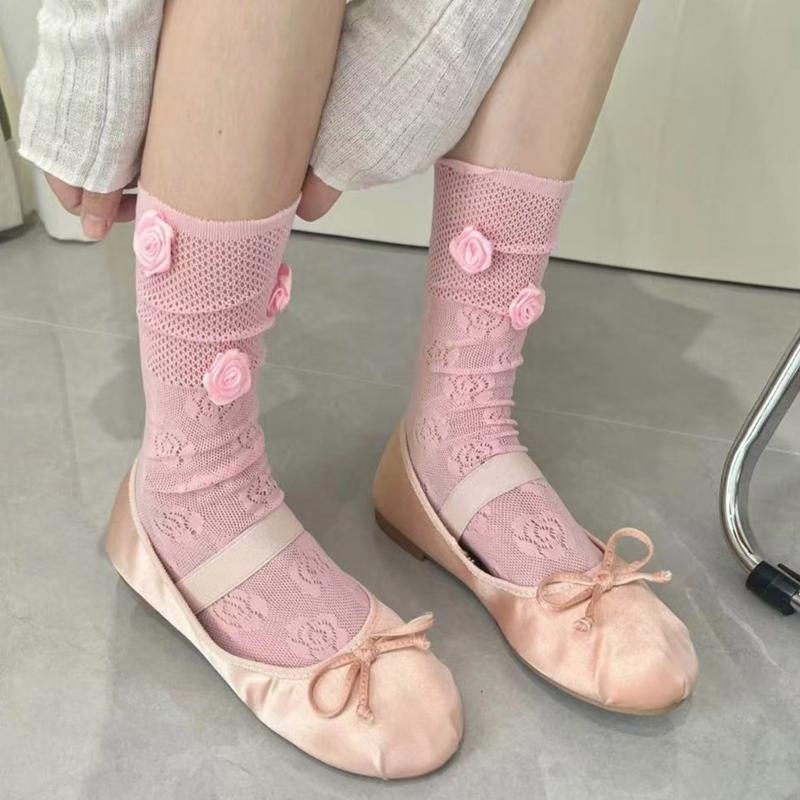 Womens Floral Lace Pattern Crew Socks Soft Nylon Blend Colorful 3D Rose Flower Mesh Fishnet Middle Calf Socks Daily Wear