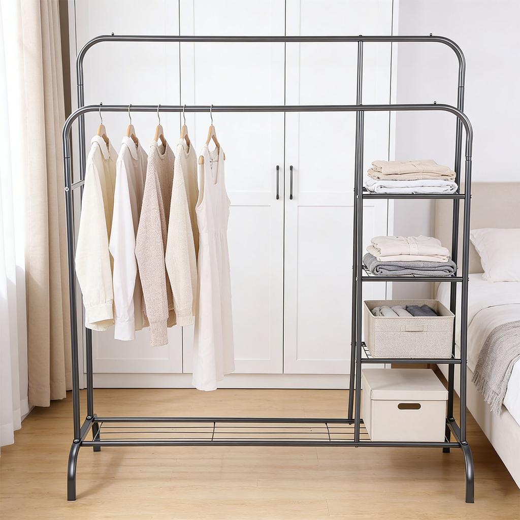 Rolling Double Rods Clothes Rack Space Saving Strong Load Bearing Stainless Steel Standing Garment Rack for Coats