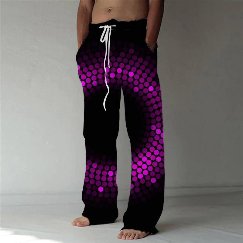 Nové kalhoty 3D kreativní potisk ležérní pánské volné stahovací lněné kalhoty se širokými nohavicemi