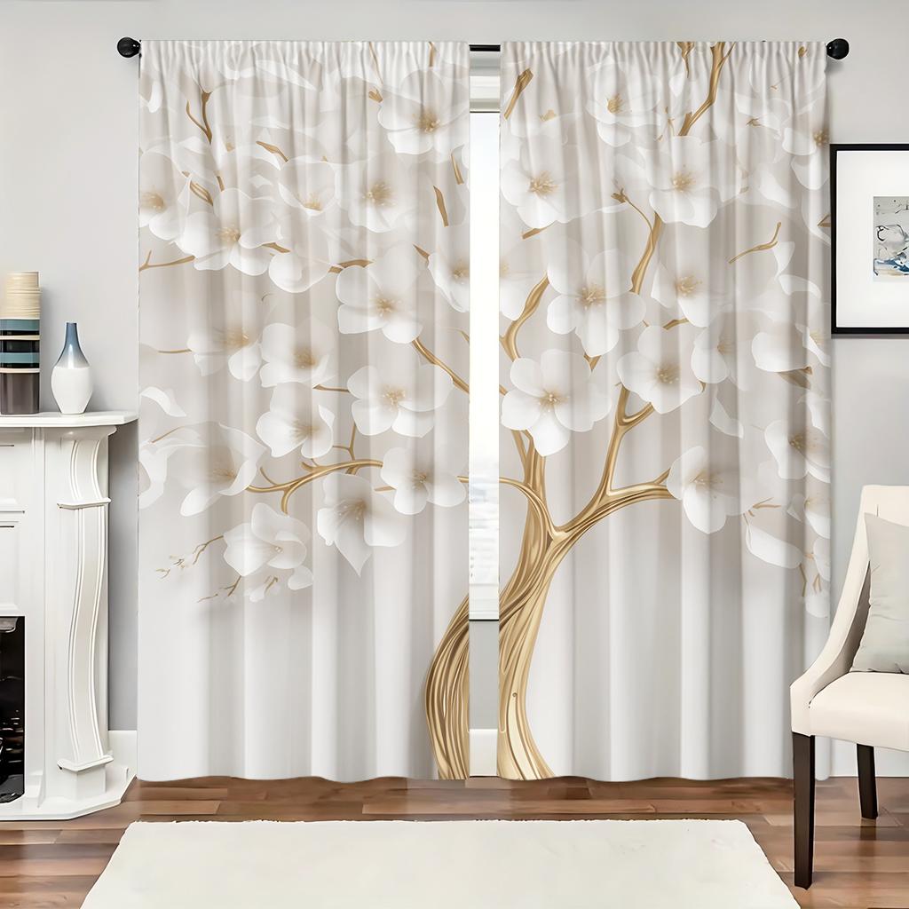 2pcs White Magnolia and Gold Stem Floral Light-Filtering Curtains – Perfect for Bedroom Living Room Office and Home Decor