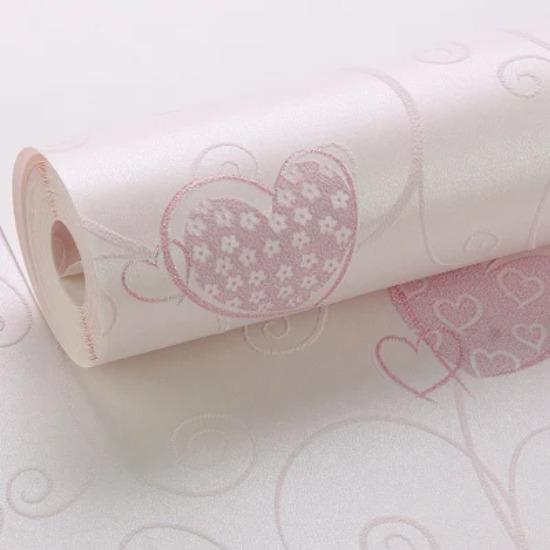 

3D Pink Love Heart Cartoon Princess Girl Room Background Wallpaper Roll 3D Embossed Flocking Non Woven Kids Wall Covering Paper 5.3㎡