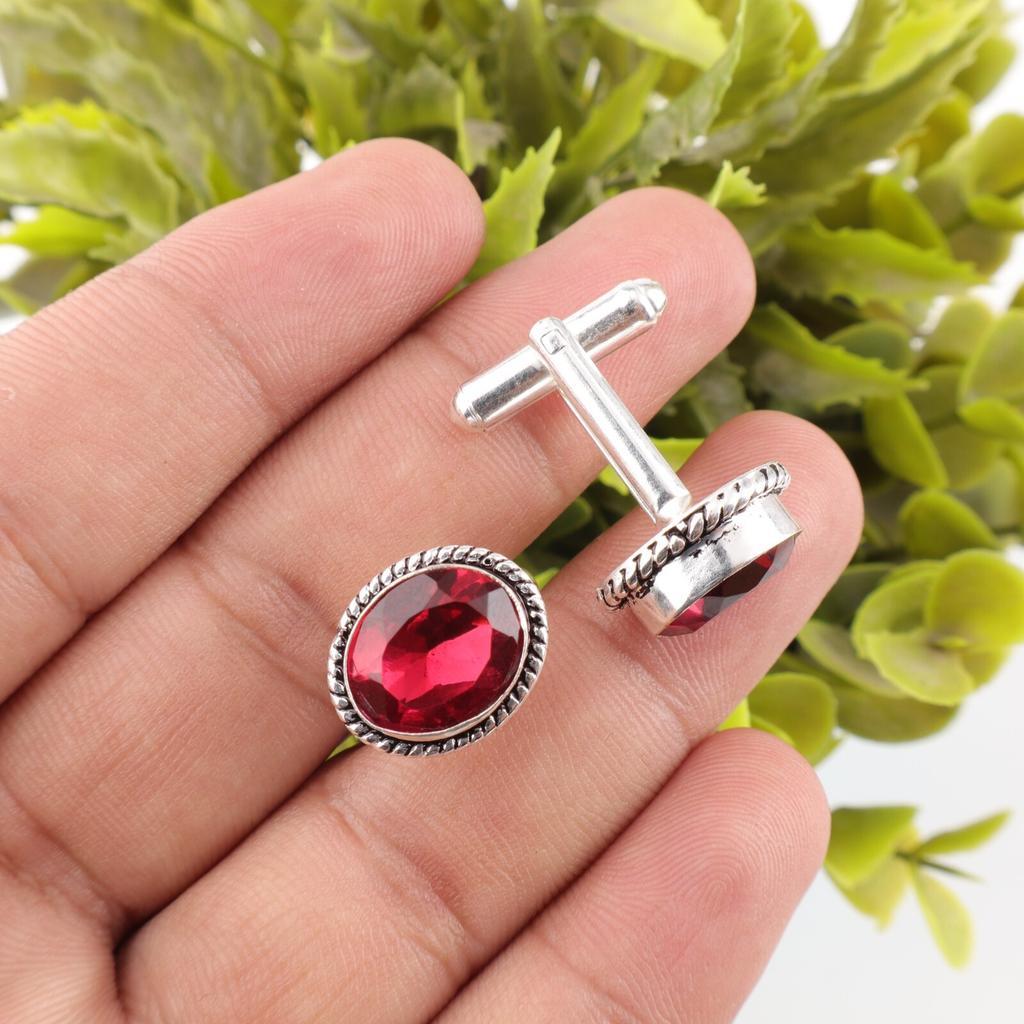 925 Sterling Silver Pink Rubellite Gemstone Handcrafted Jewelry Men's Cufflinks CL-1-1