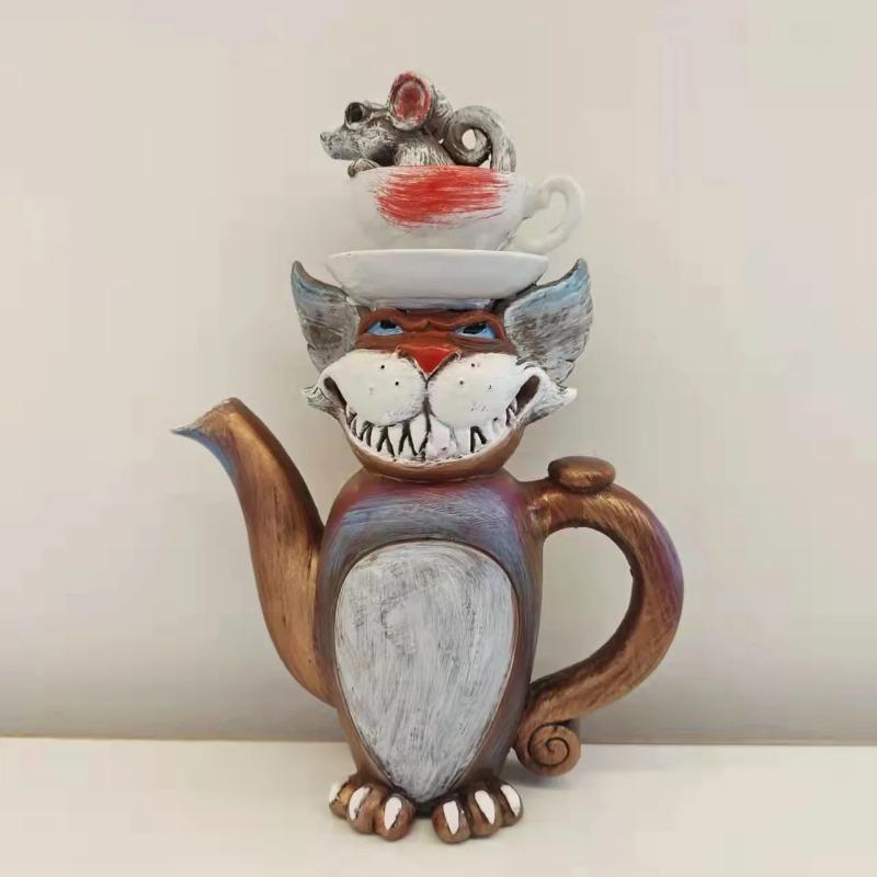 Art Cat Teapot Demon Cat Resin Craft Ornament Gothic Home Decor Unique Sculpture Gift for Collectors Tea Lovers