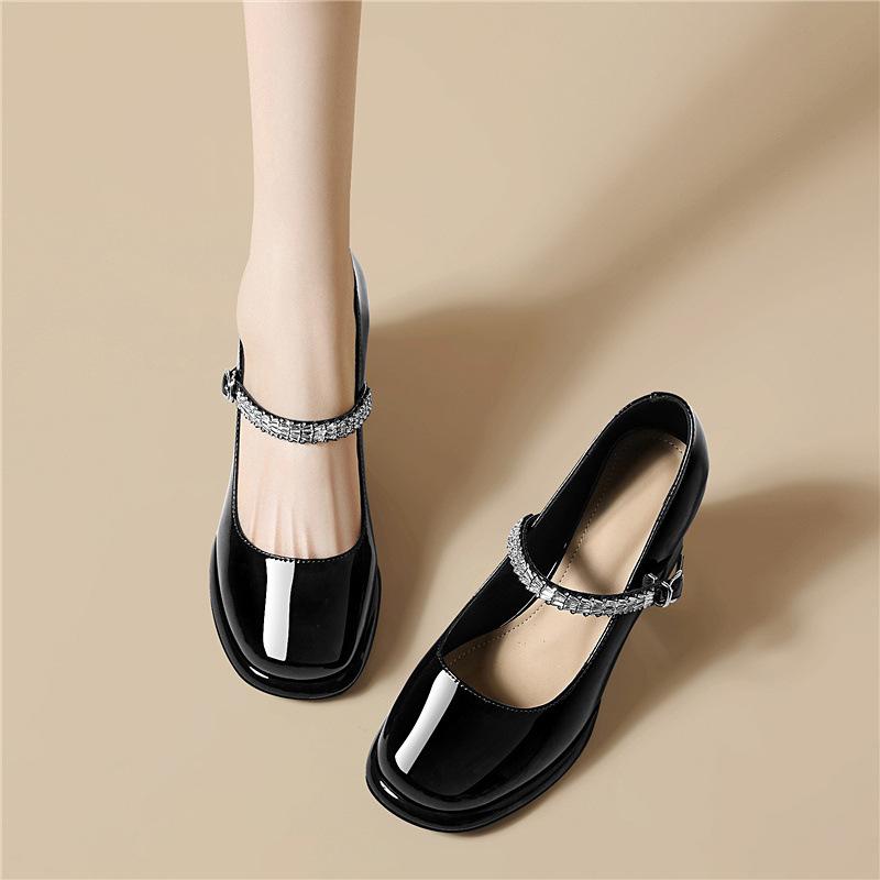 

French retro black high heels cm one-word with buckle rhinestone glossy Mary Jane light mouth thick heel single shoes women s shoes 34