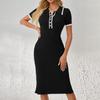Women's Slim Fit Ribbed Knit Dress Polo Collar Short Sleeve Bodycon Waistband Pencil Skirt Mid Length Dress