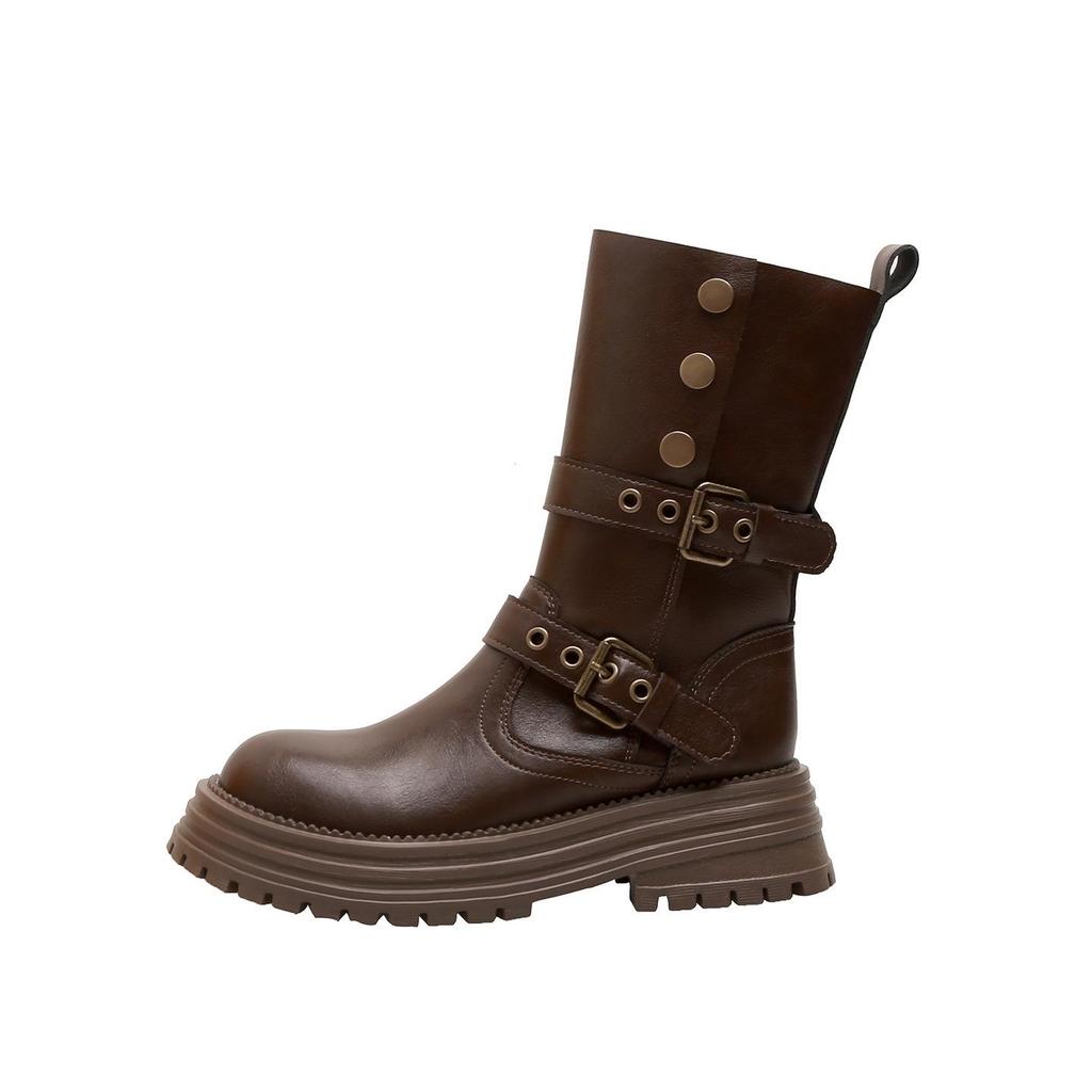 Genuine Leather Fold-over Melaude Martin Women's Height-increasing Mid-calf Boots 2025