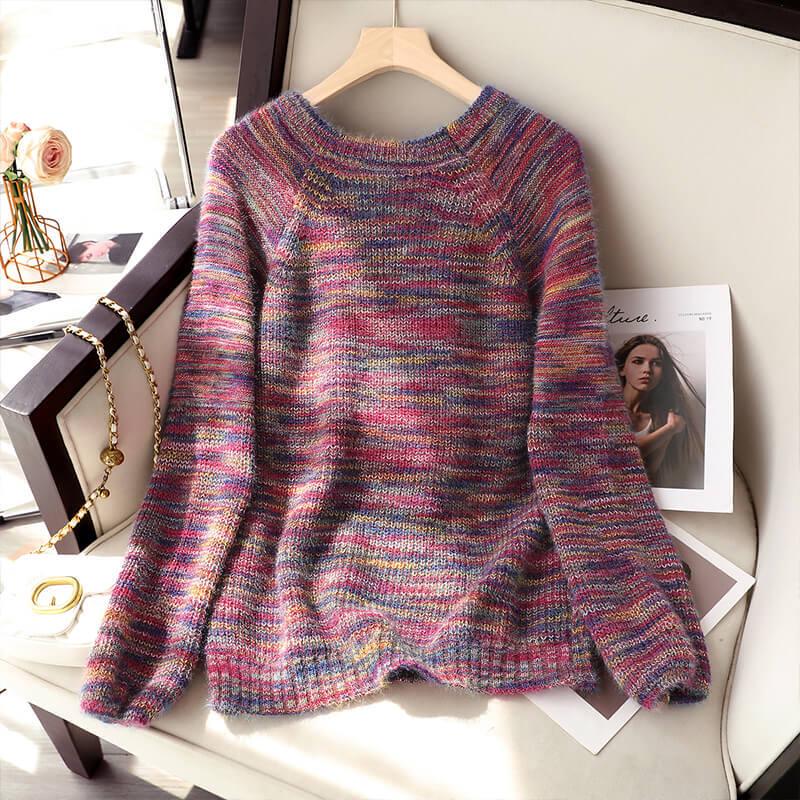 Damen Colorblock Rundhals Langarmpullover