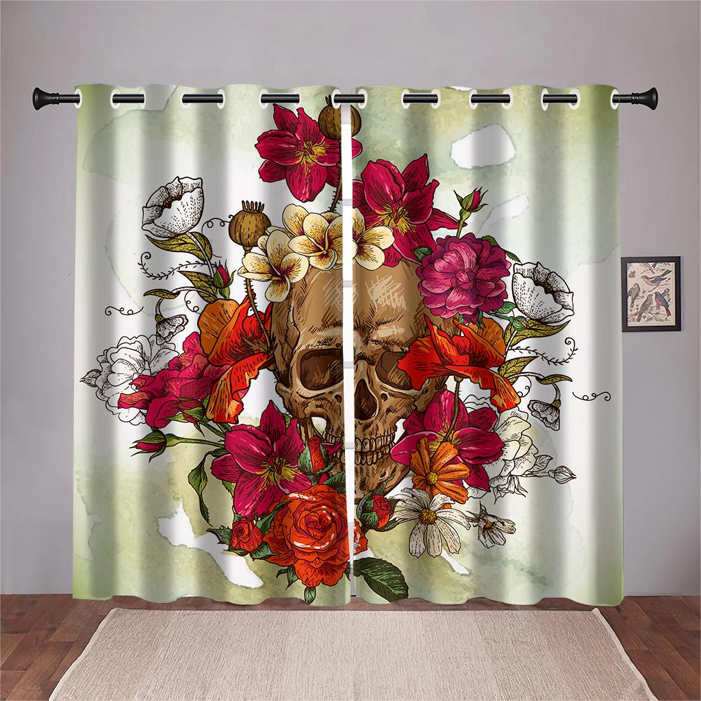 Window Curtains for Living Room, 3D, Cheap, Sexy, Valentine's Day, Rose Skull, Black, Couple, Shading, Bedroom, Home Decor